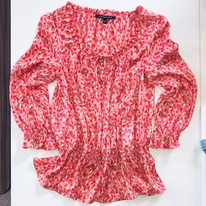 Satin coral White khaki print Pleated peasant style blouson ruffled sleeve&hem S